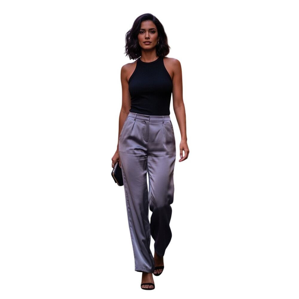 2Bella Womens Gray Satin Wide Leg  Elastic Waist Silky Trouser Pants M